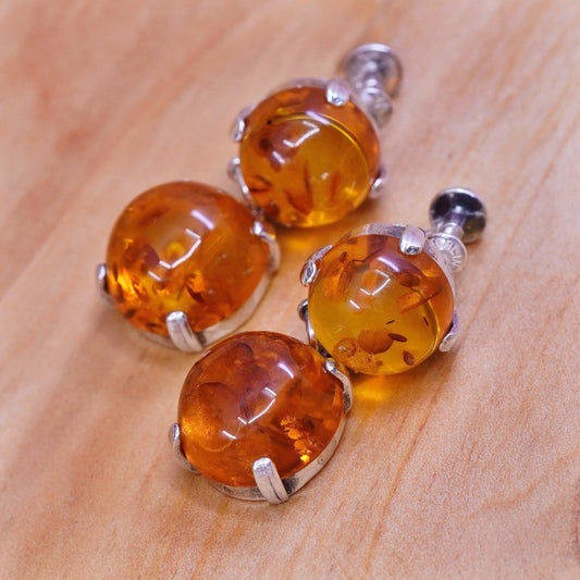 Vintage Sterling 925 silver screw back handmade earrings with amber dangles