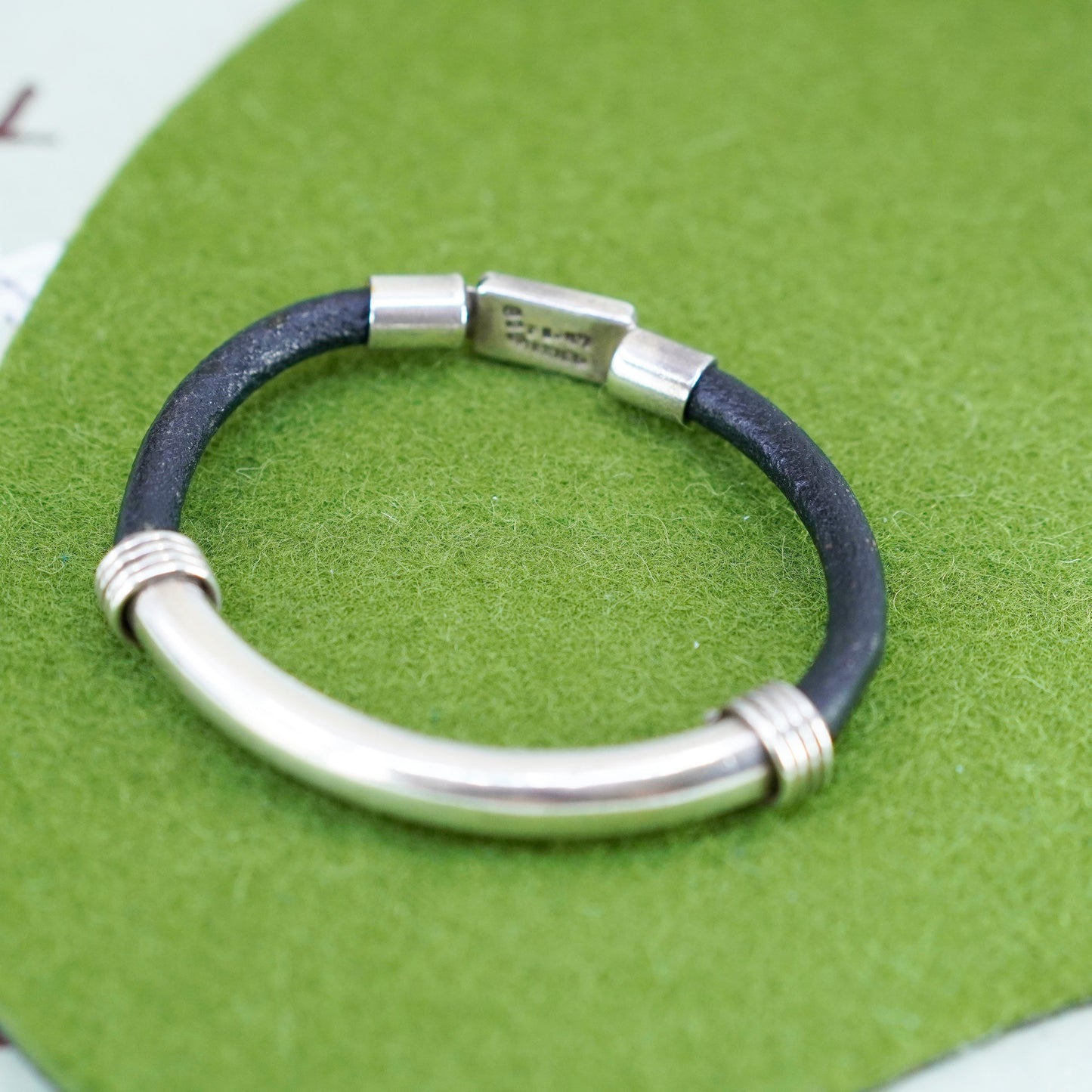 6.5”, Vintage black leather chain bracelet with sterling 925 silver slide bar