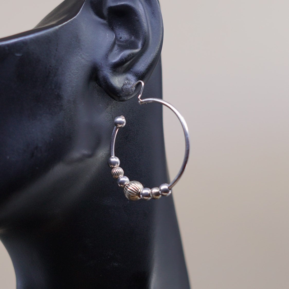 1.5", vtg Two Tone Sterling silver hoops, 925 flatten huggie earrings N beads