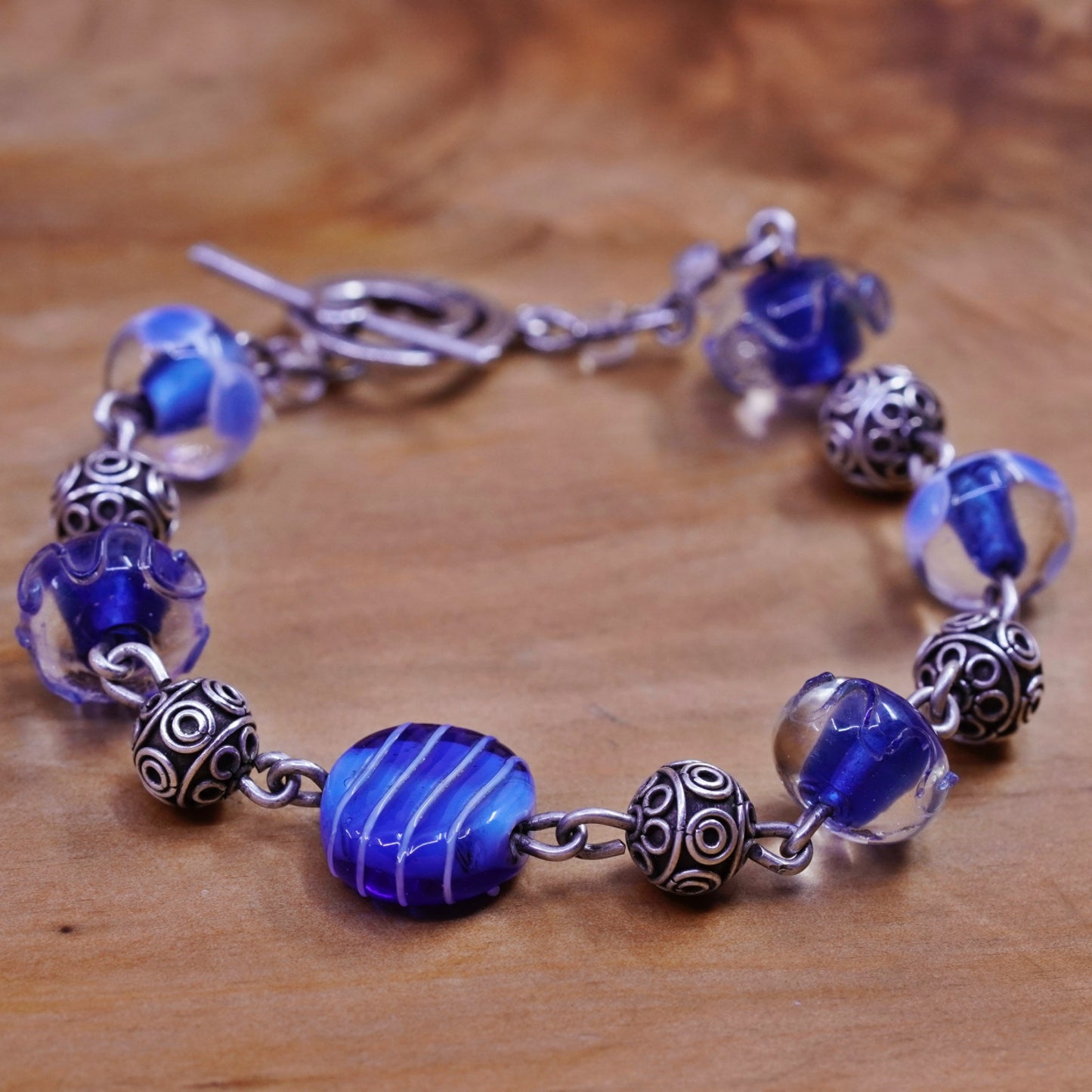 6.75”, handmade bracelet, blue artisan glass beads bracelet Sterling 925 silver