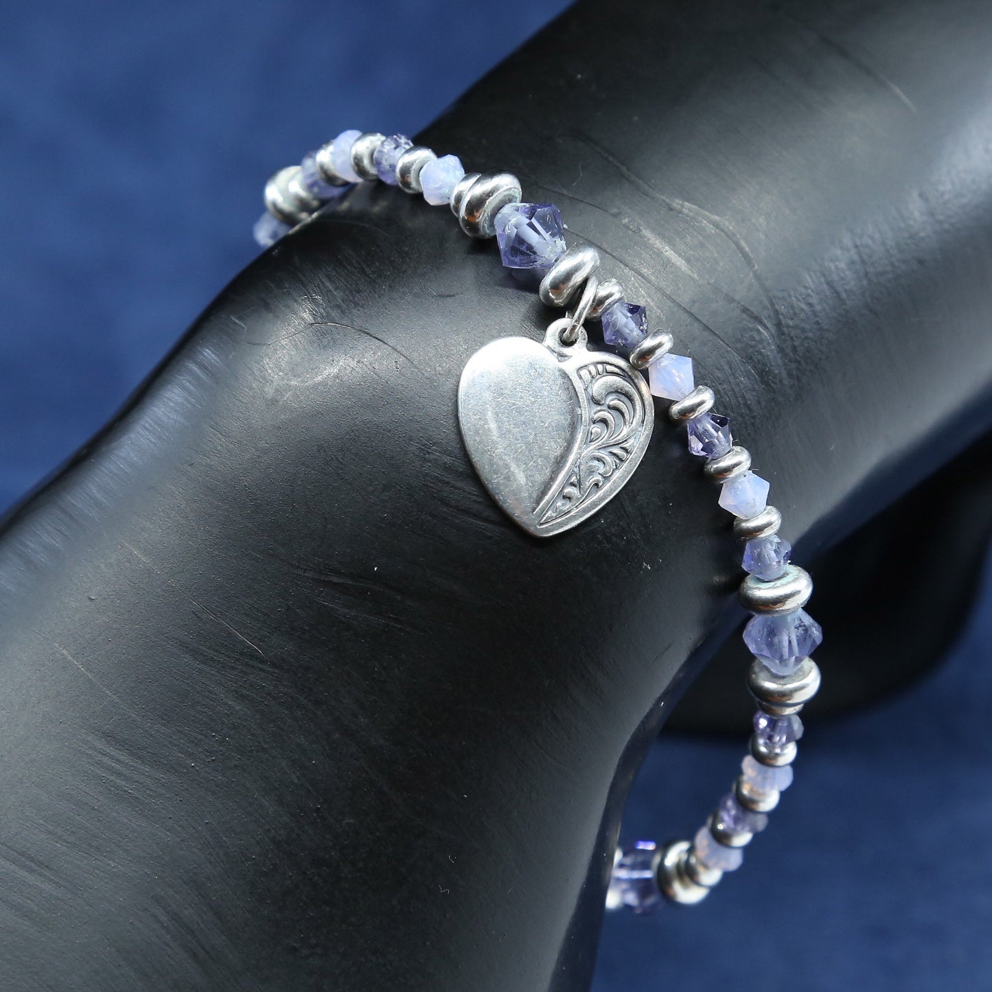 7", Sterling silver handmade bracelet, 925 crystal chain w/ heart tag pendant