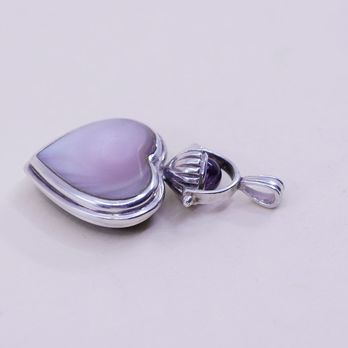 vintage sterling silver handmade pendant, 925 heart w/ obsidian mother of pearl