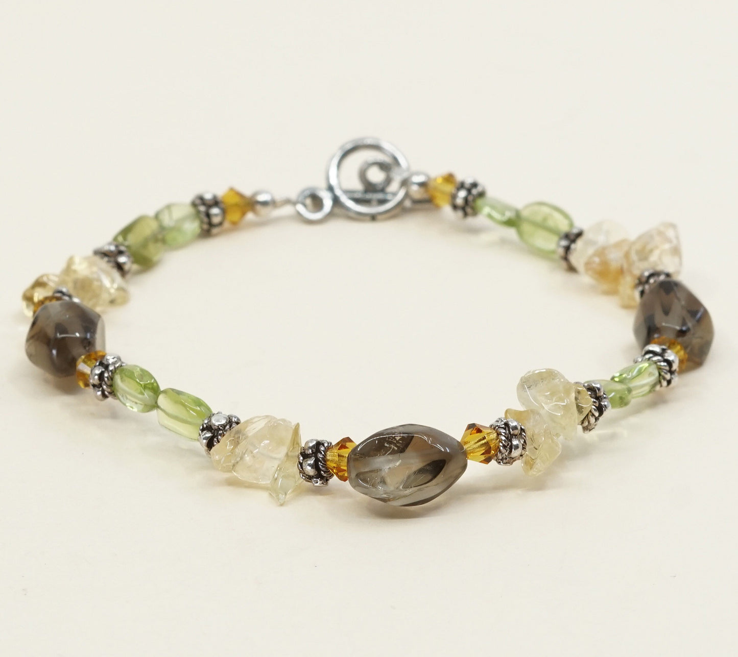 7.25" vtg sterling silver handmade bracelet amethyst, Citrine N peridot beads