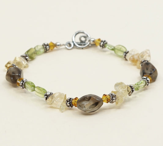 7.25" vtg sterling silver handmade bracelet amethyst, Citrine N peridot beads
