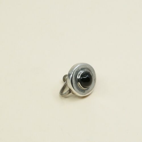 Vtg Sterling 925 Silver Handmade Screw Back Earrings With obsidian