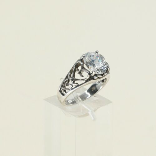 Sz 6.5, Vtg Sterling Silver Handmade Ring, 925 Silver Ring W/ CZ N Heart Detayks