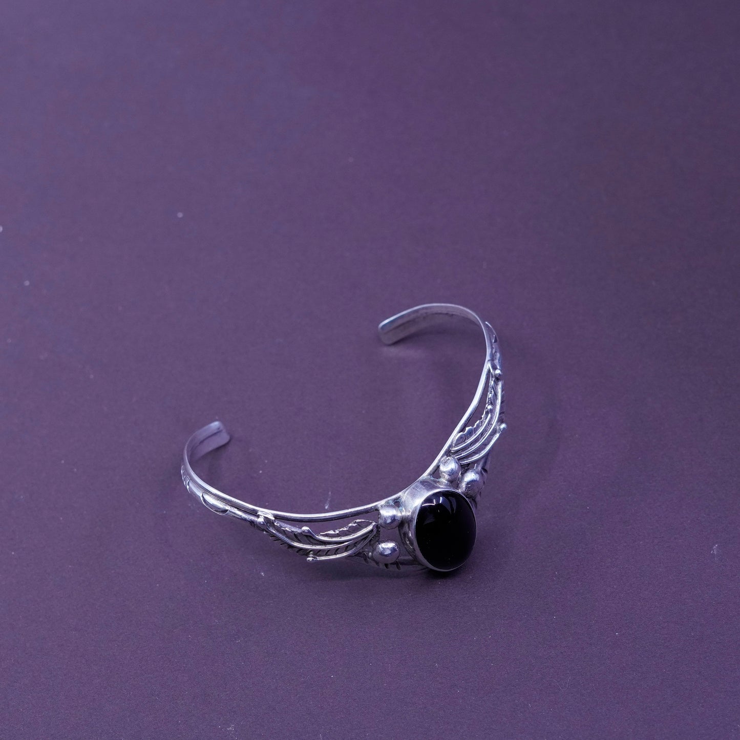 7”, Herbert Platero Navajo Sterling 925 silver bracelet cuff obsidian N leaves