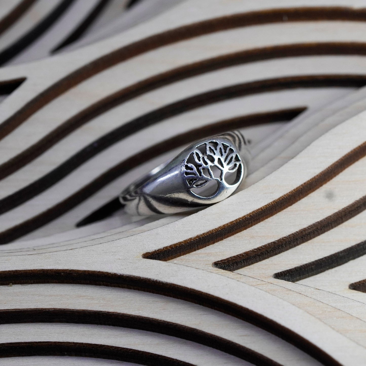 Size 9, vintage sterling silver handmade ring, 925 filigree tree band