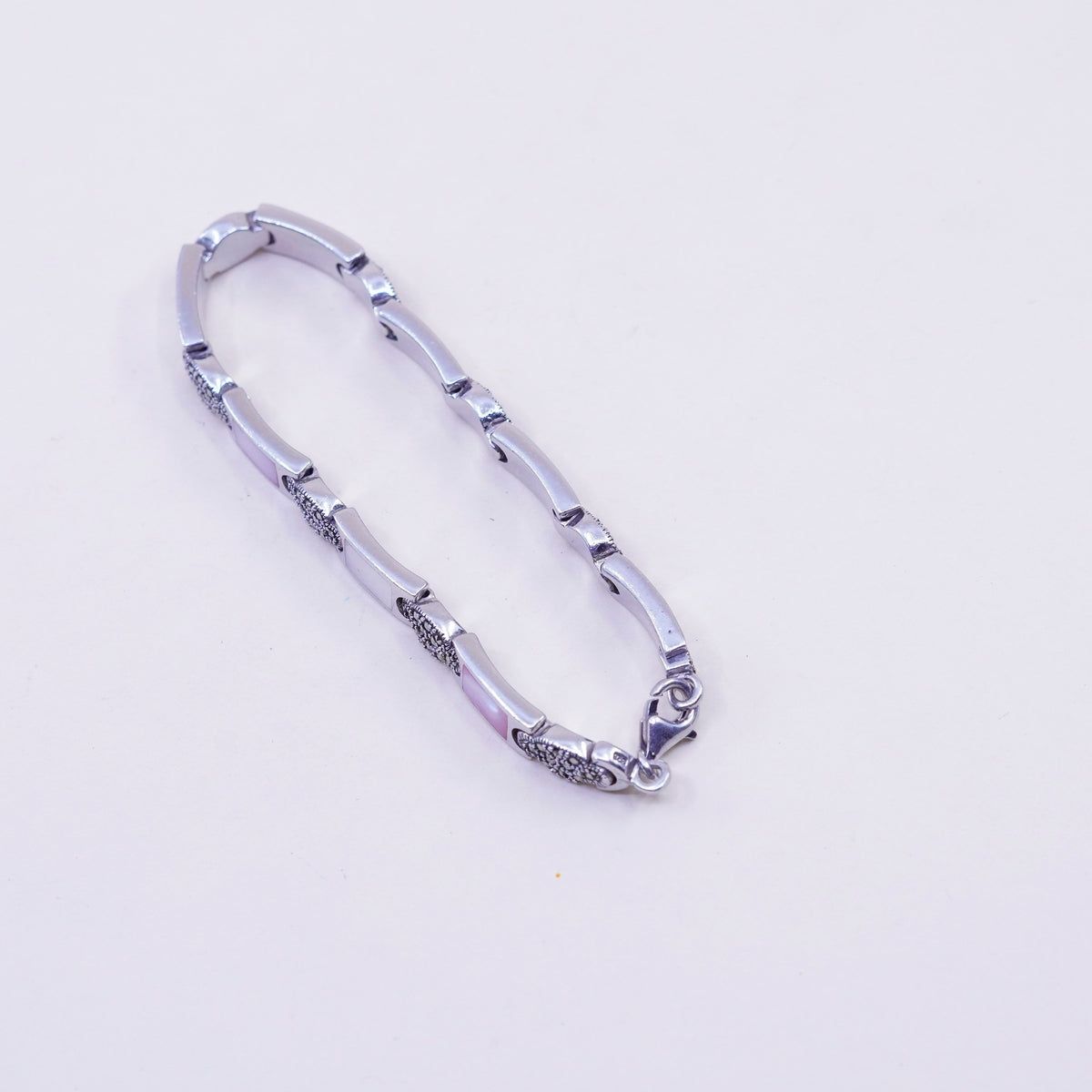 7.5”, sterling 925 silver handmade tennis bracelet mother of pearl marcasite