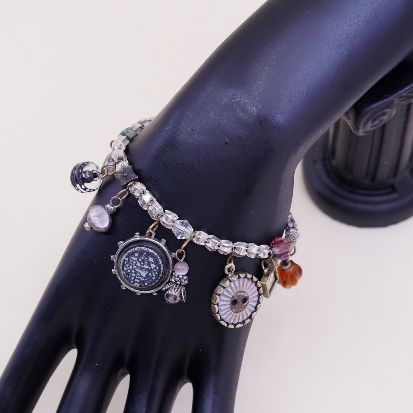 6.5+2”, vtg sterling 925 silver bead handmade bracelet w/ amber brass charms
