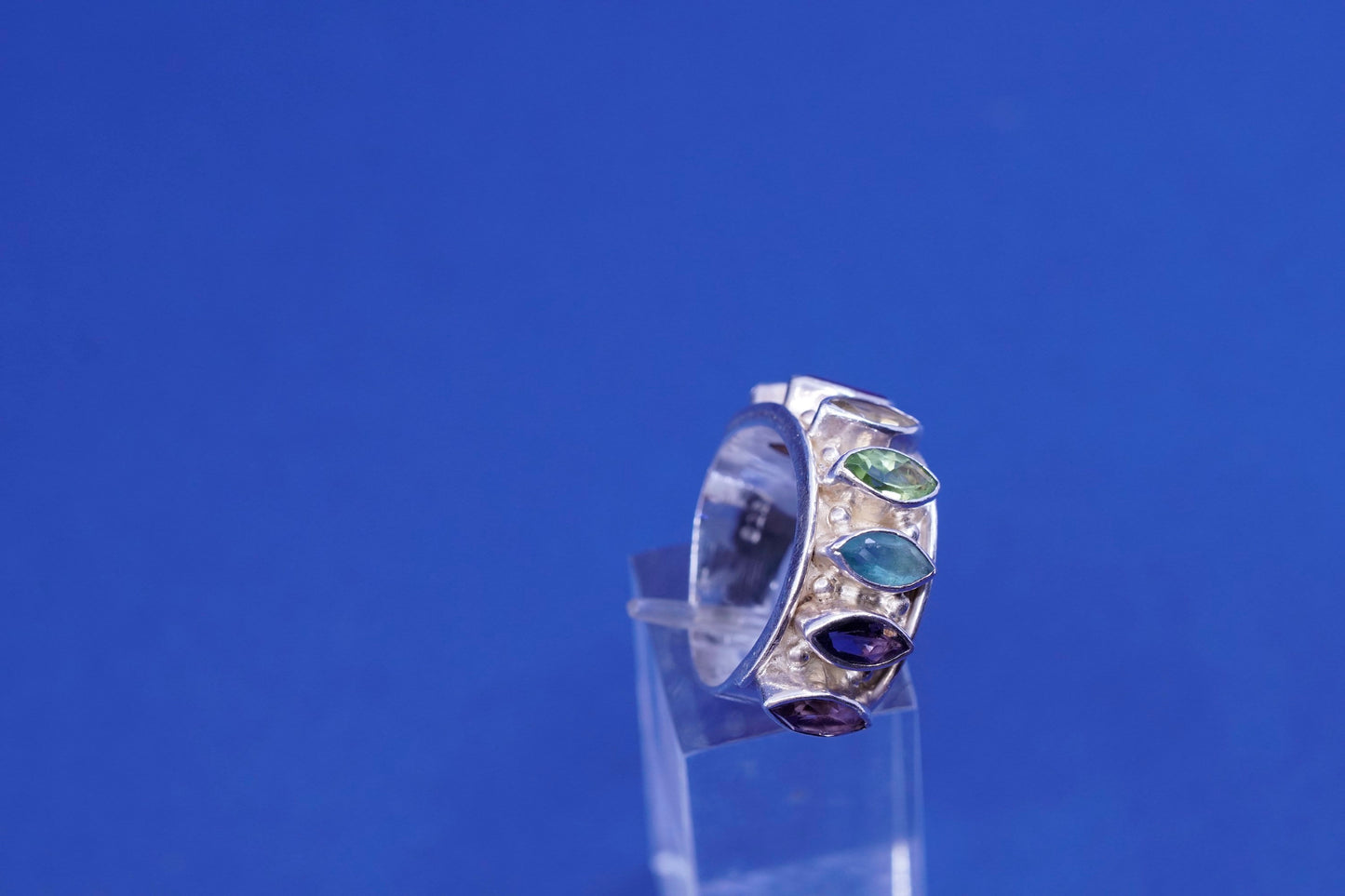 sz 8, Sterling silver ring, 925 cocktail band with peridot ruby topaz amethyst