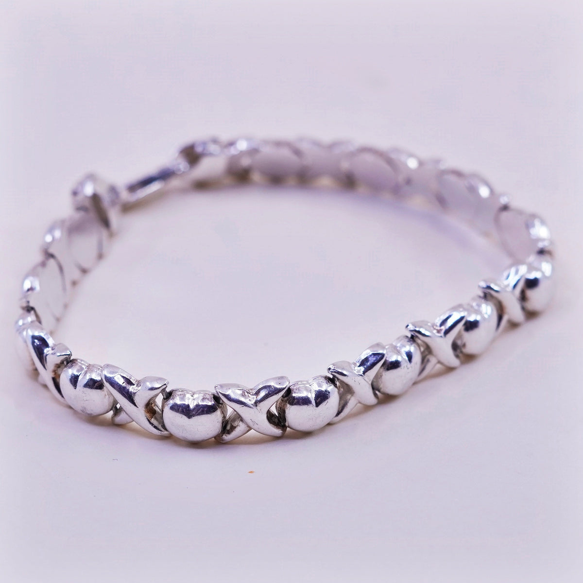 8”, Vintage sterling silver tennis bracelet, 925 heart XOXO link chain