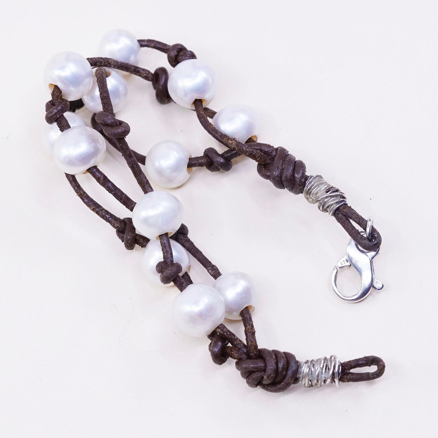 6” vintage brown leather chain with sterling 925 silver clasp and pearl