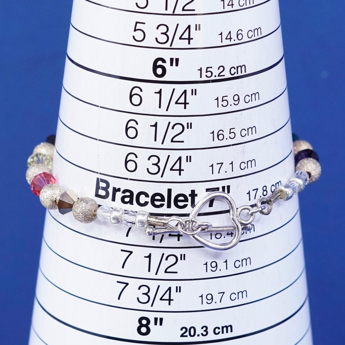 7.25”, sterling silver handmade bracelet, 925 beads w/ crystal beads N heart