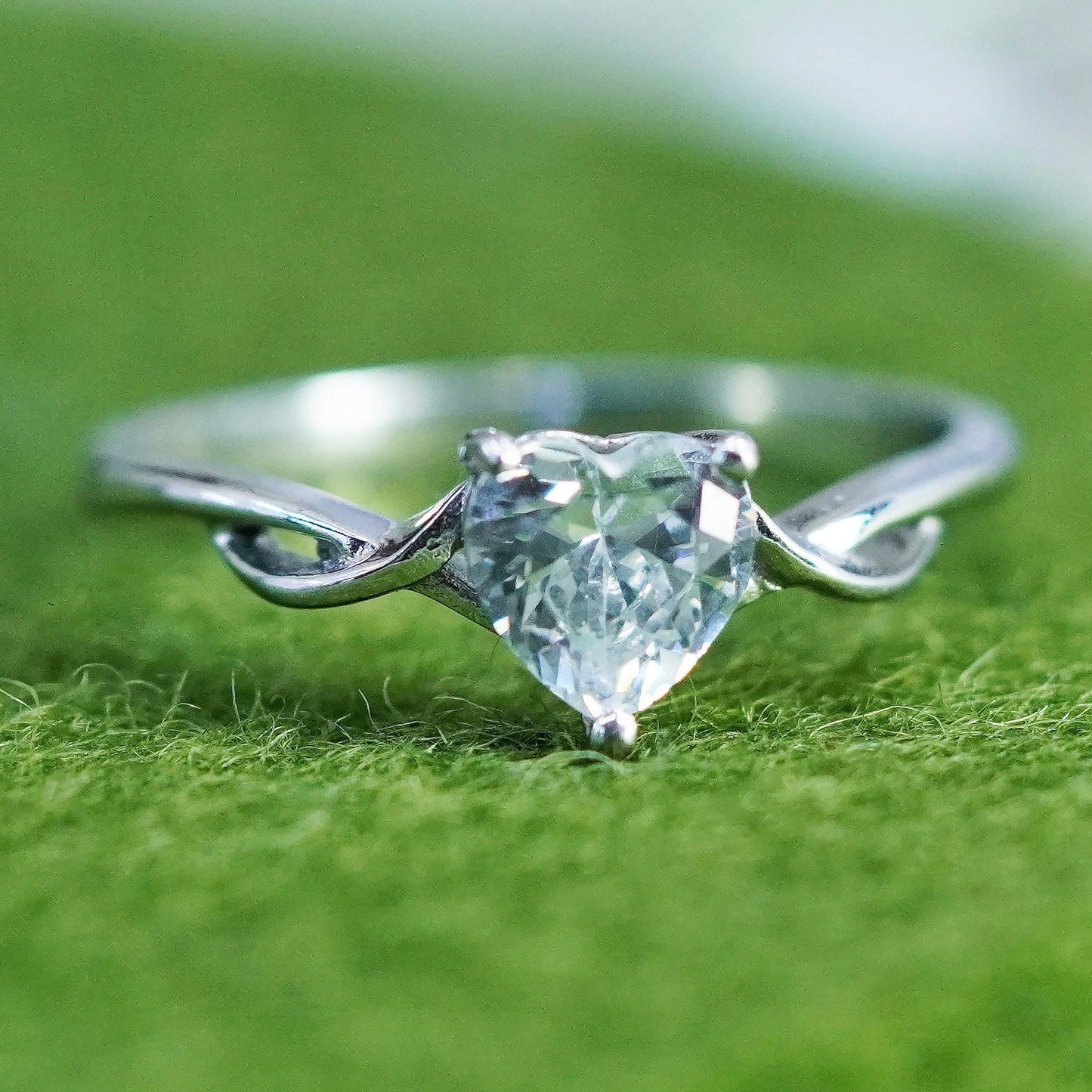 Size 7.25, Vintage sterling silver handmade ring, engagement ring with heart cz
