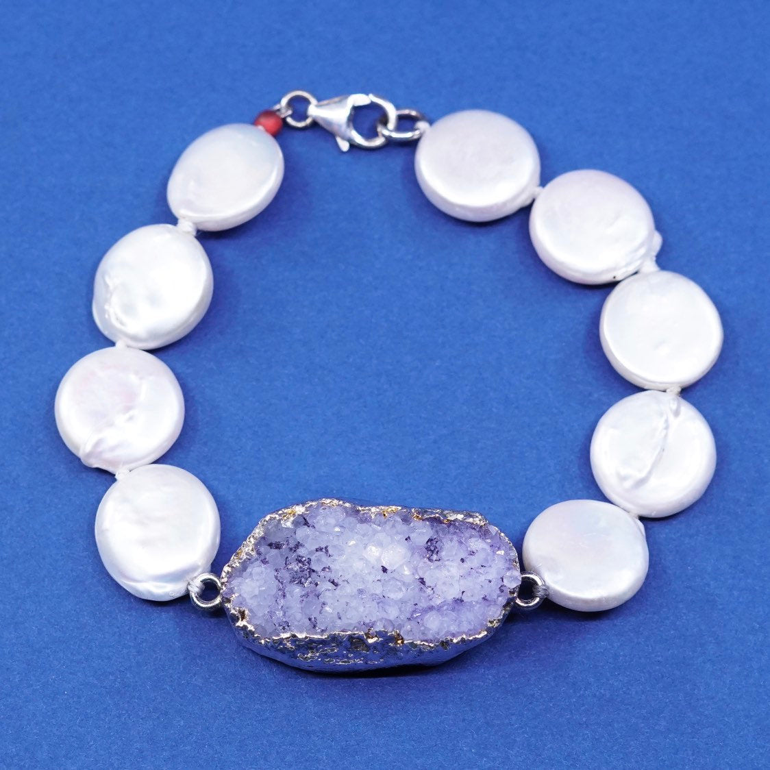 6.75", Sterling silver handmade bracelet, 925 clasp w/ pearl beads N amethyst