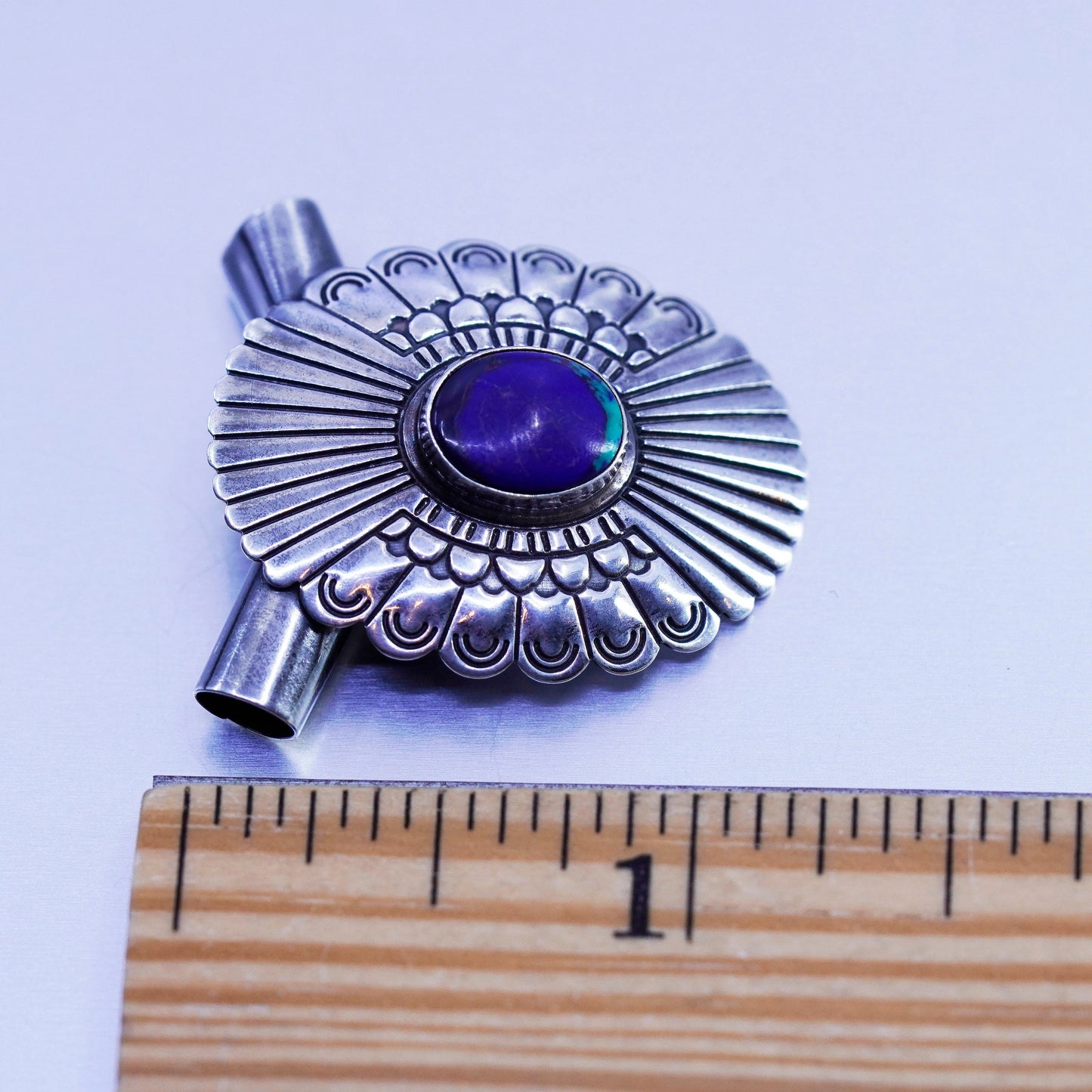 antique Native American sterling 925 silver handmade oval pendant with azurite