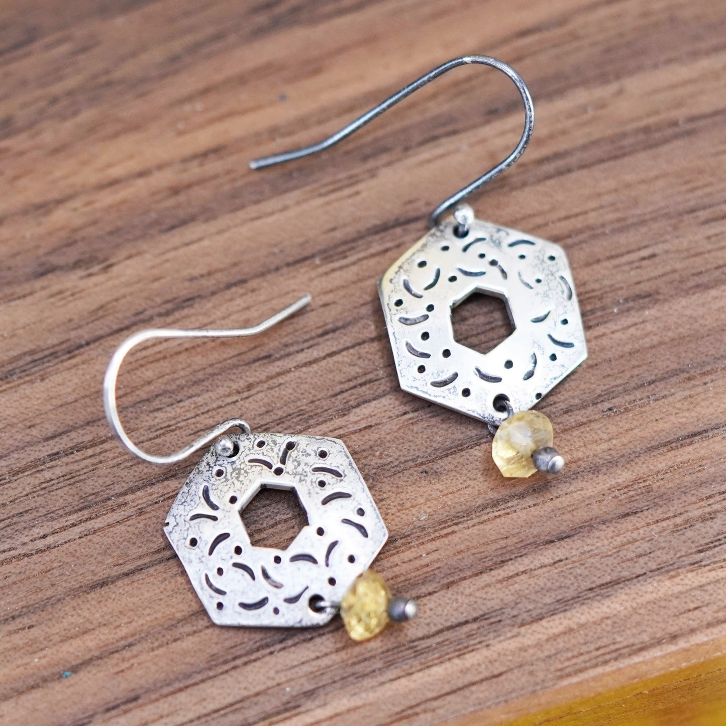 Vintage sterling 925 silver handmade honeycomb earrings with citrine