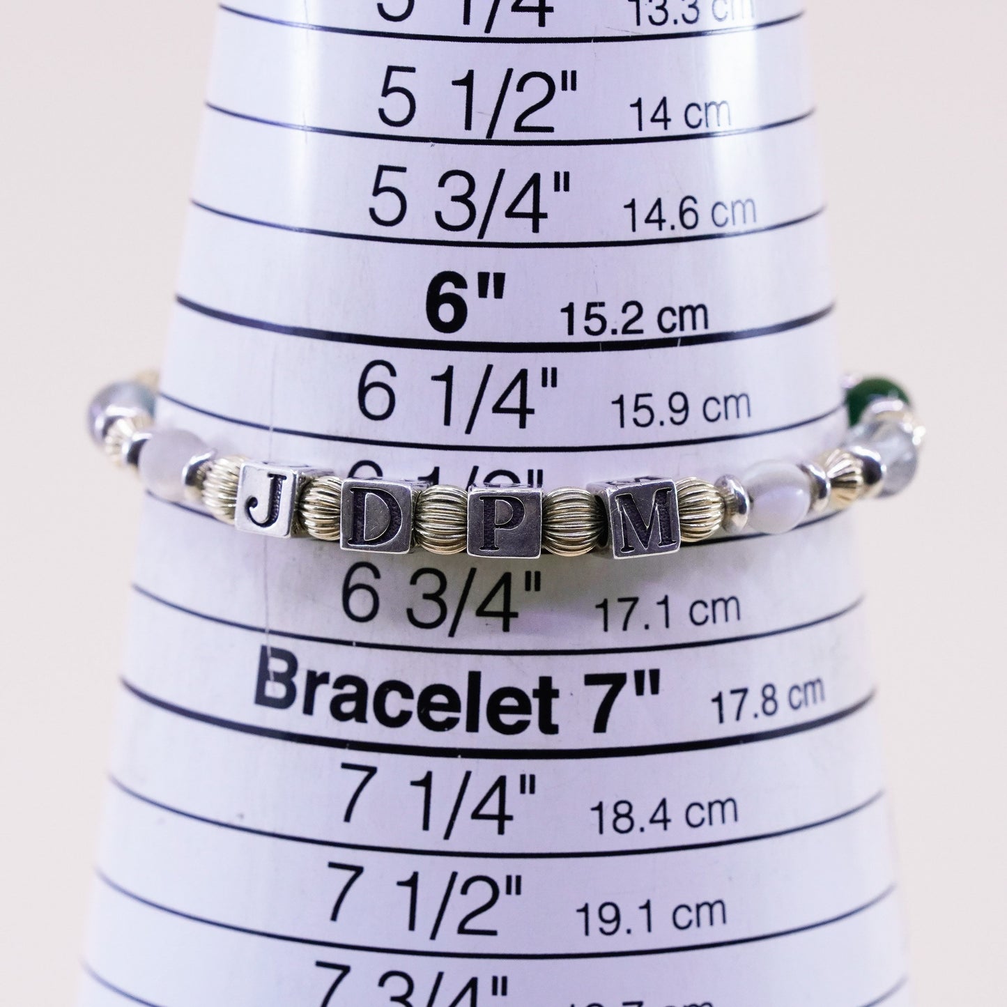 6.5”, 14K gold beads Sterling 925 Silver prehnite jade bracelet “JDPM” cubes