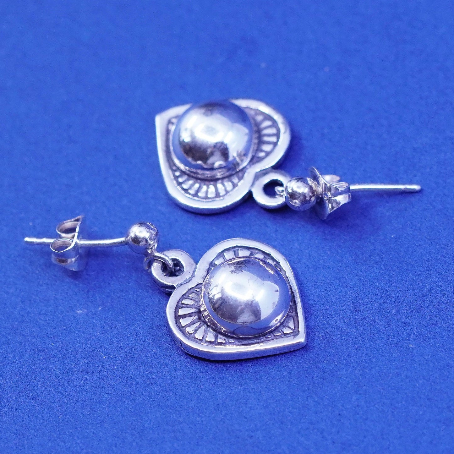 Vintage Sterling silver handmade earrings, 925 heart Dangles
