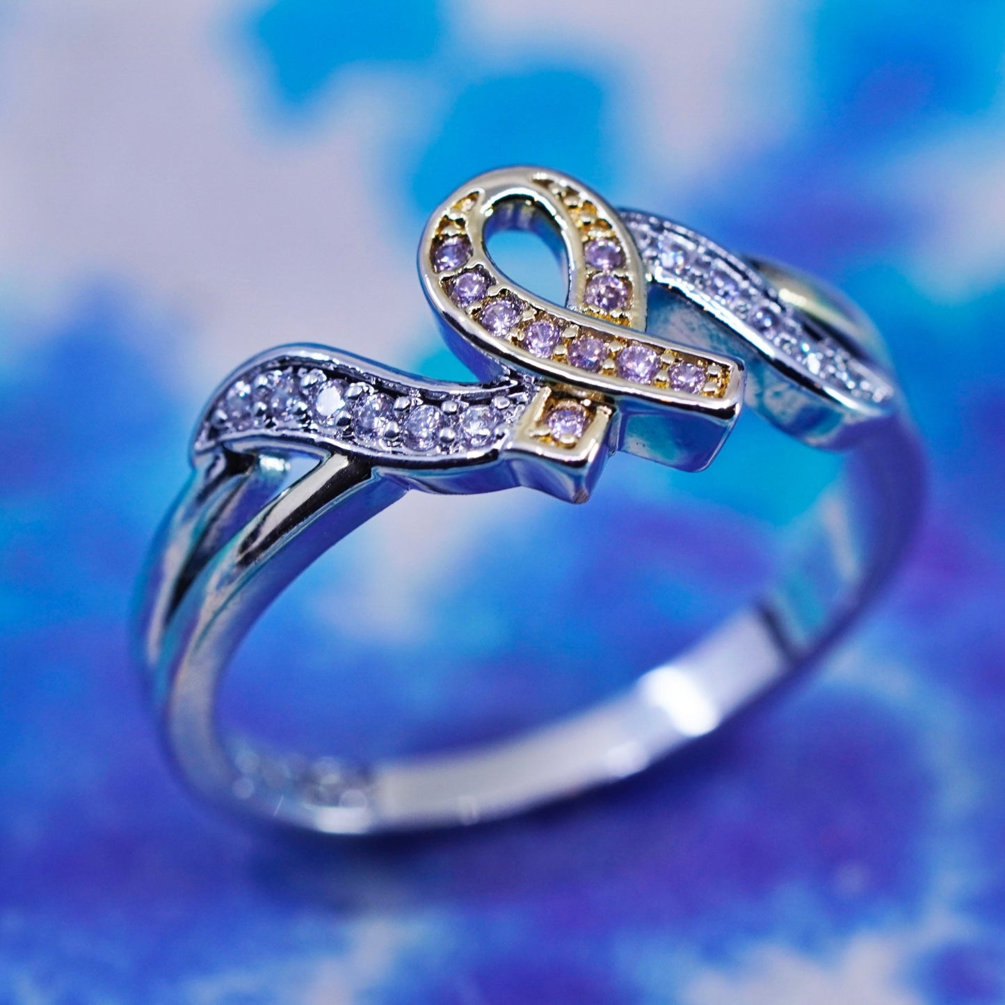 Size 8.5, two tone rose gold, Sterling 925 silver breast cancer ribbon ring
