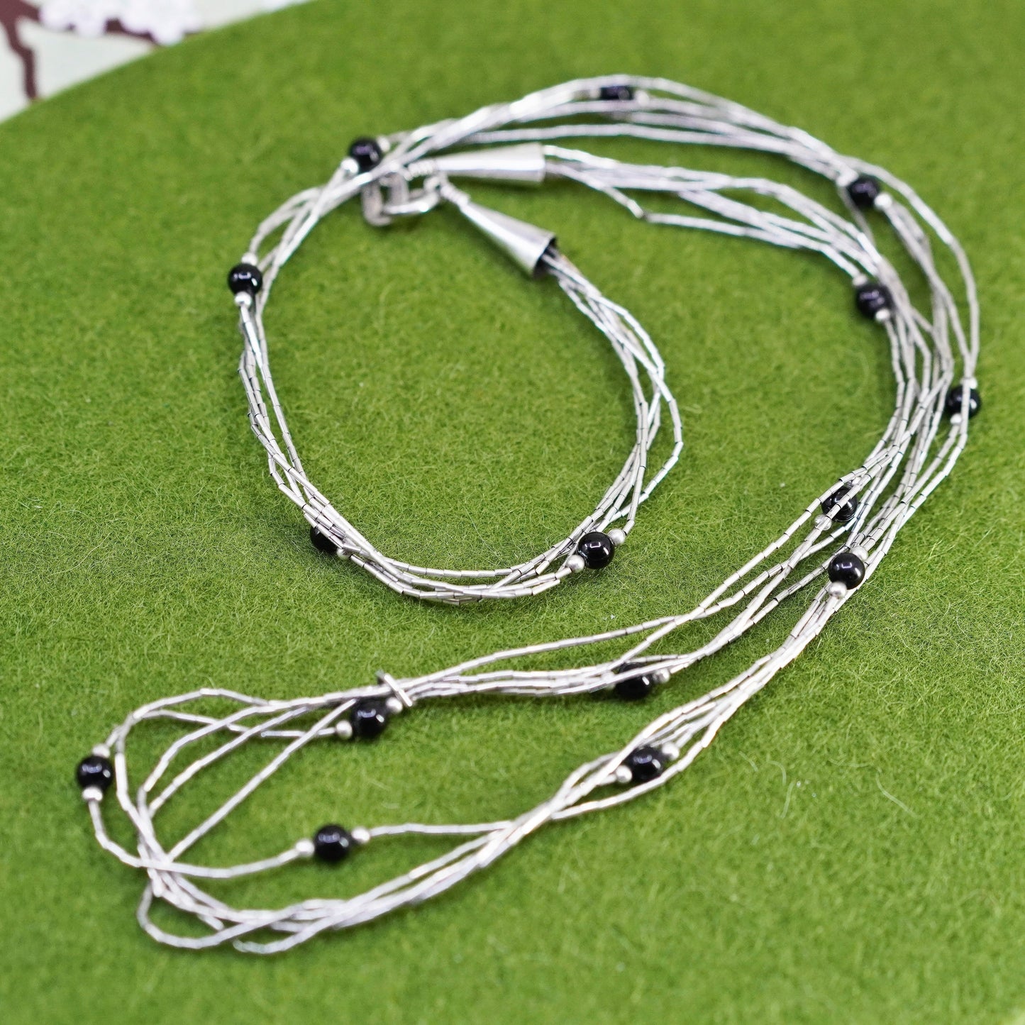 24”, Native American Liquid Sterling 925 Silver necklace chain obsidian beads
