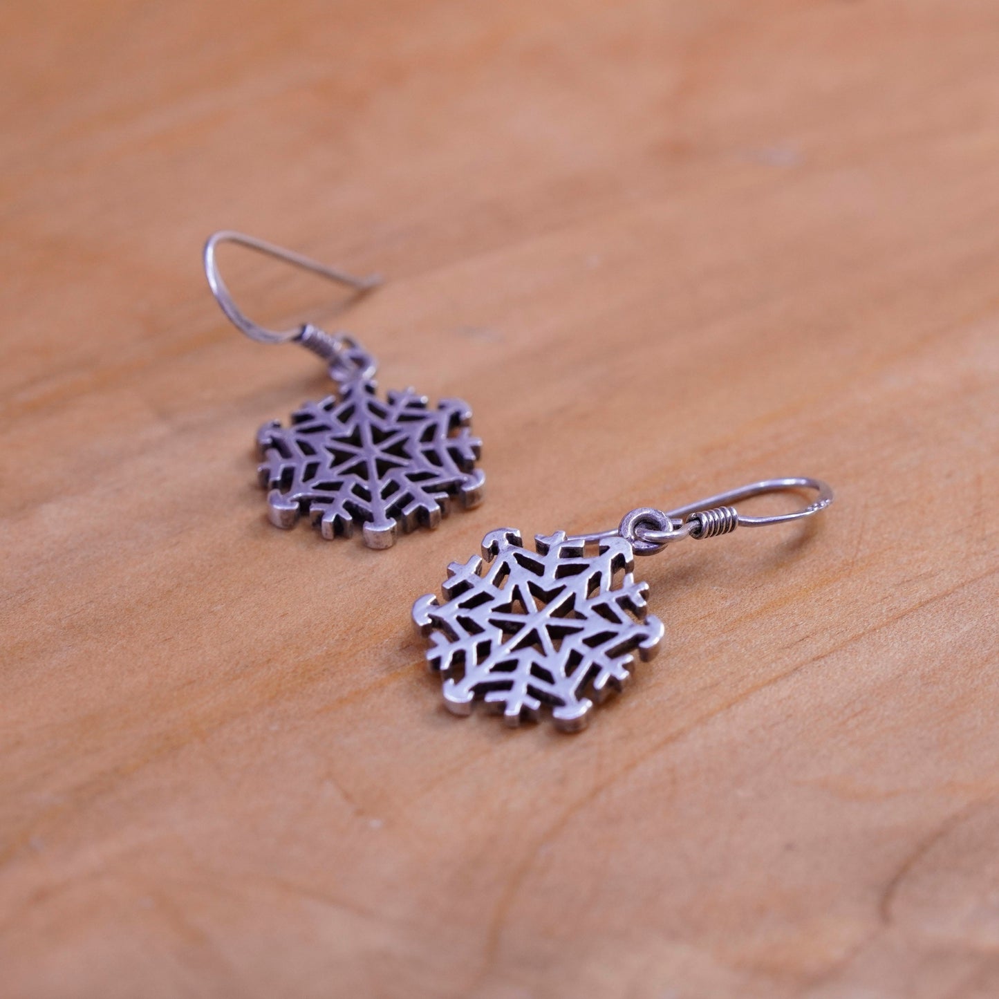 Vintage Sterling silver handmade earrings, 925 snowflake drops