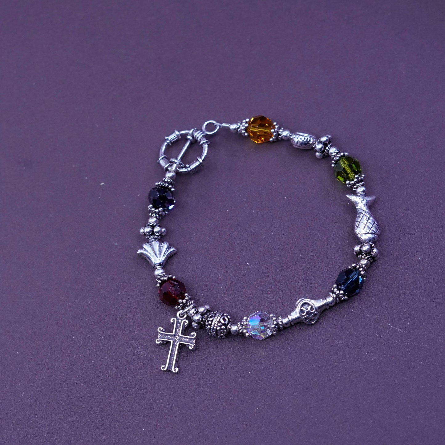 6.75”, Sterling silver beads bracelet, 925 beads w/ crystal N cross fish charms