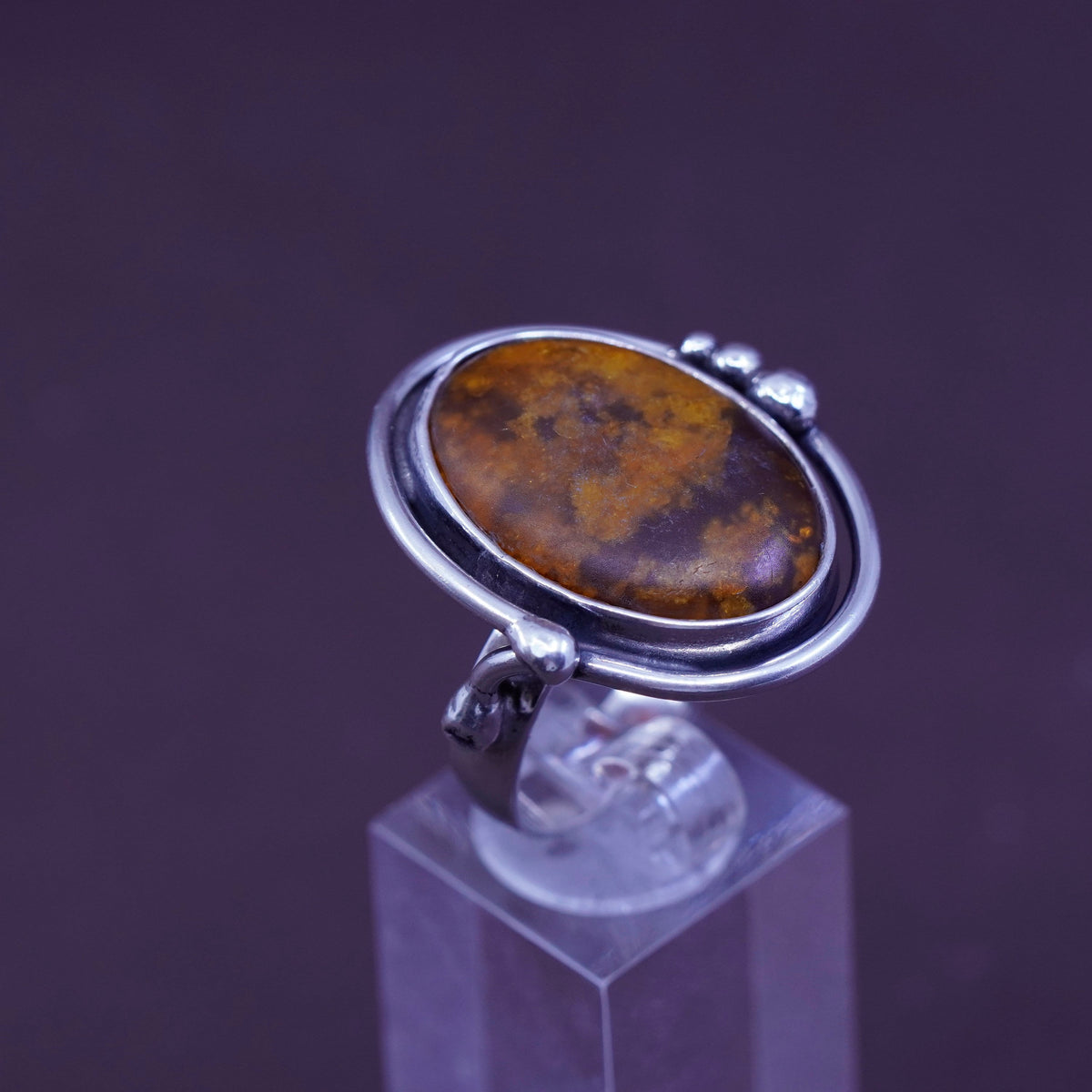 Size 10.5, vintage Sterling 925 silver handmade ring with oval Amber and beads