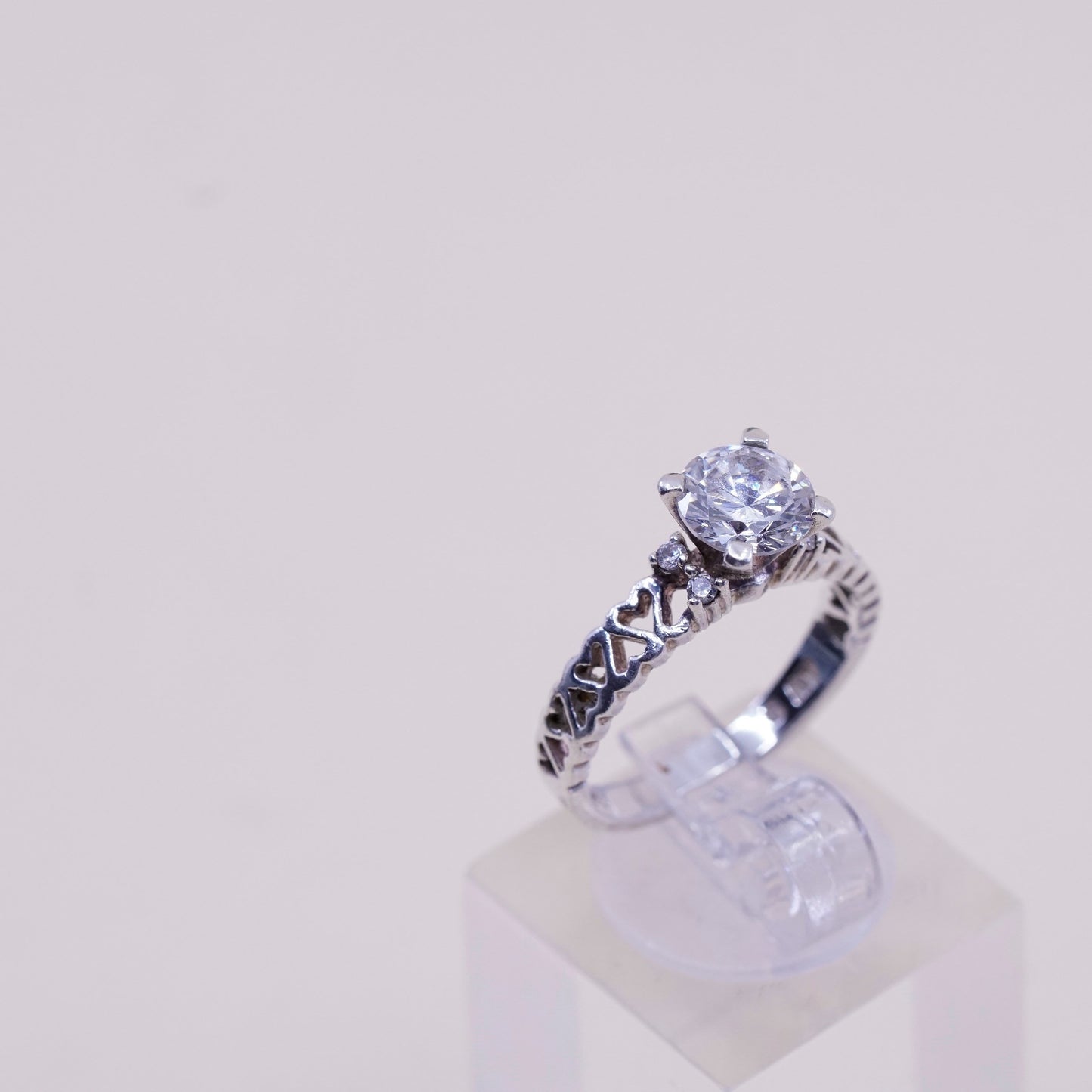 Size 6, vtg handmade Sterling 925 silver Statement ring w/ round Cz and heart