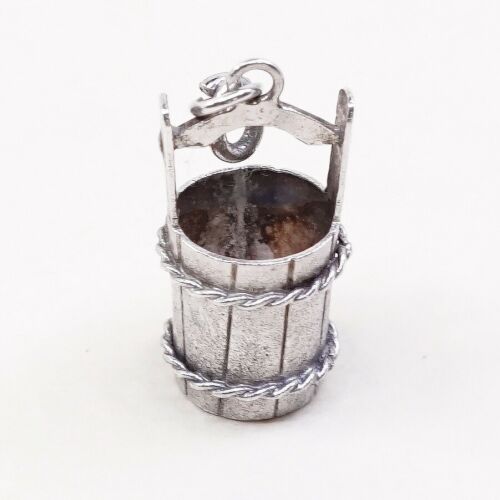 Vintage Sterling Silver Wooden Bucket Pendant, Solid 925 Silver Charm