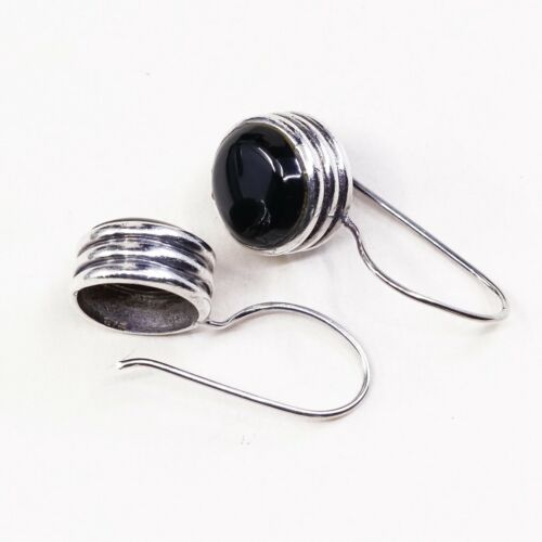 Vintage Sterling Silver Handmade Earrings, Southwestern 925 Dangles W/ Obsidian
