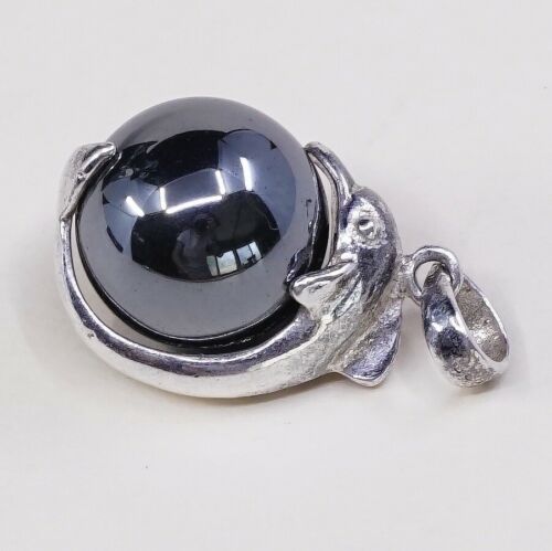 Vtg 925 Sterling Silver Handmade dolphin Pendant W/ Hematite Bead