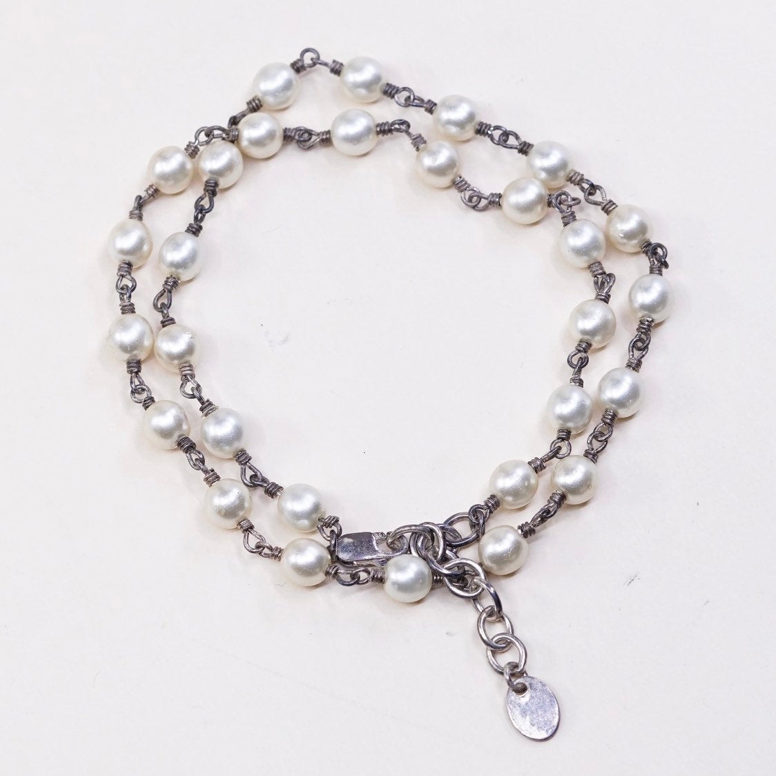 16+1”, vtg AK handmade Sterling silver bead chain w/ pearl beads