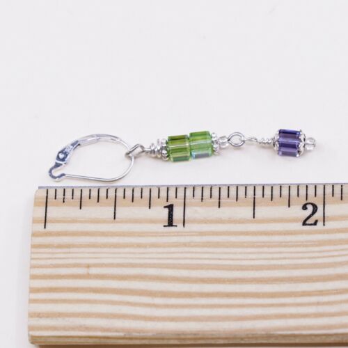 Vtg STERLING 925 SILVER Handmade earrings with Green Crystal dangles
