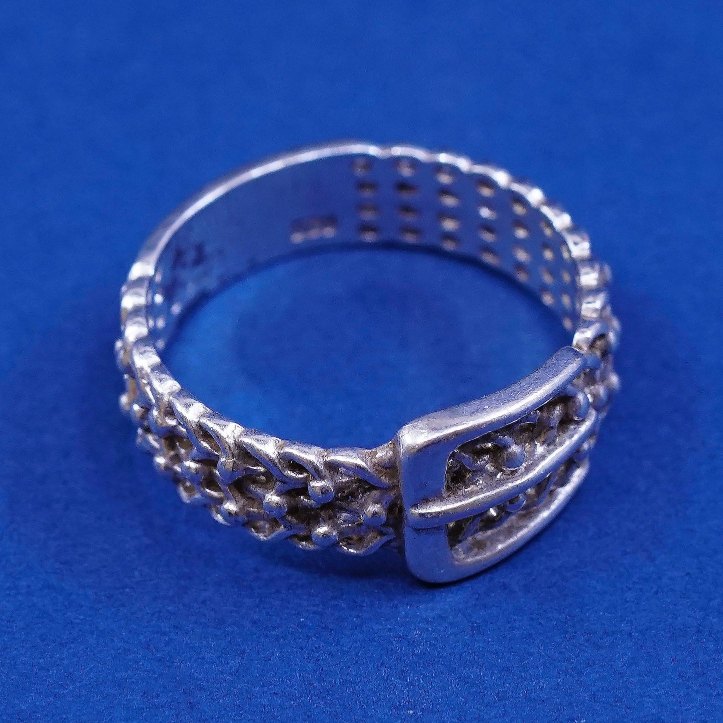 sz 7.25, vtg sterling silver handmade ring, 925 filigree belt band