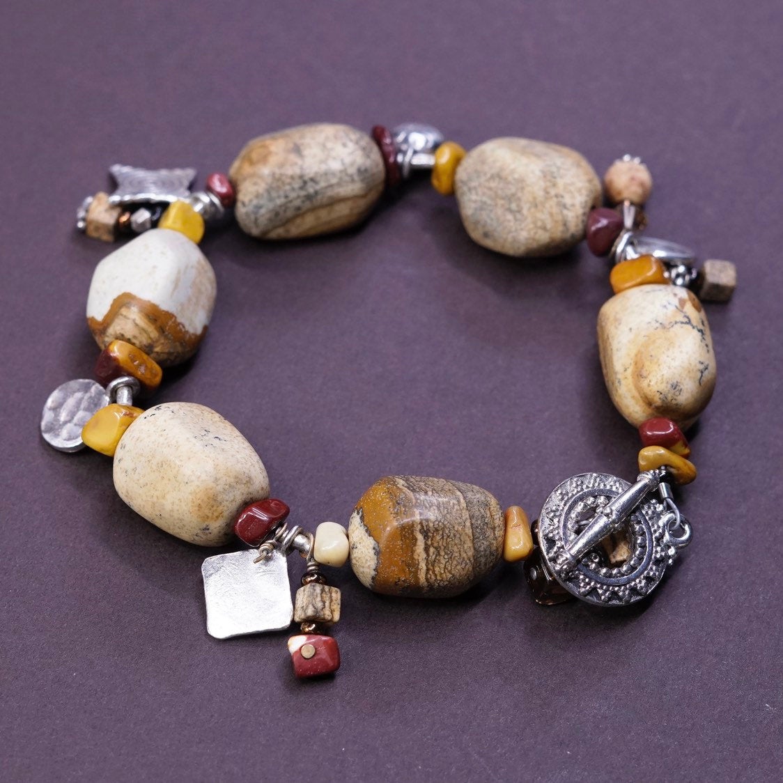 6.75”, vtg Sterling silver handmade chain, 925 beads w/ Jasper nuggets bracelet