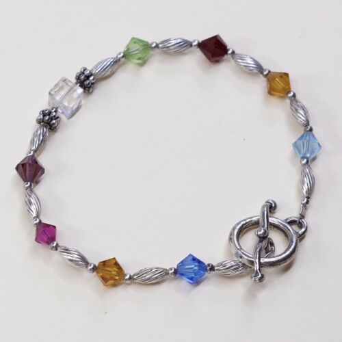 6.5”, Vtg Sterling Silver Handmade Bracelet, 925 Silver Toggle W/ Crystal Beads