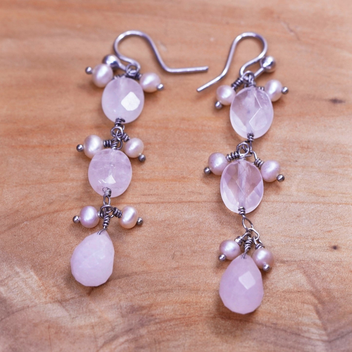 Vintage Mexico Sterling 925 silver handmade earrings w/ pink rose quartz pearl