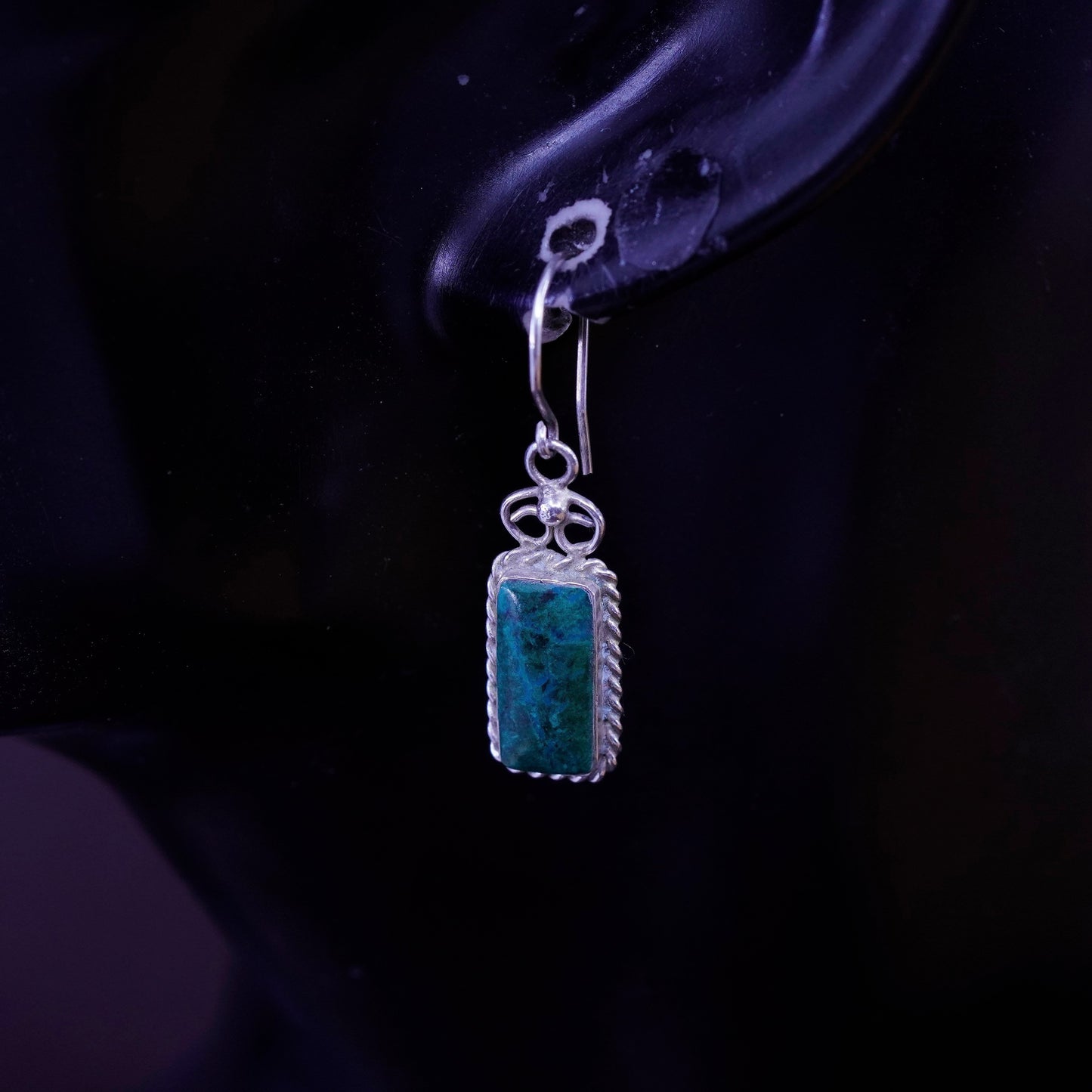 Vintage Sterling 925 silver handmade earrings with rectangular malachite