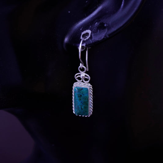 Vintage Sterling 925 silver handmade earrings with rectangular malachite