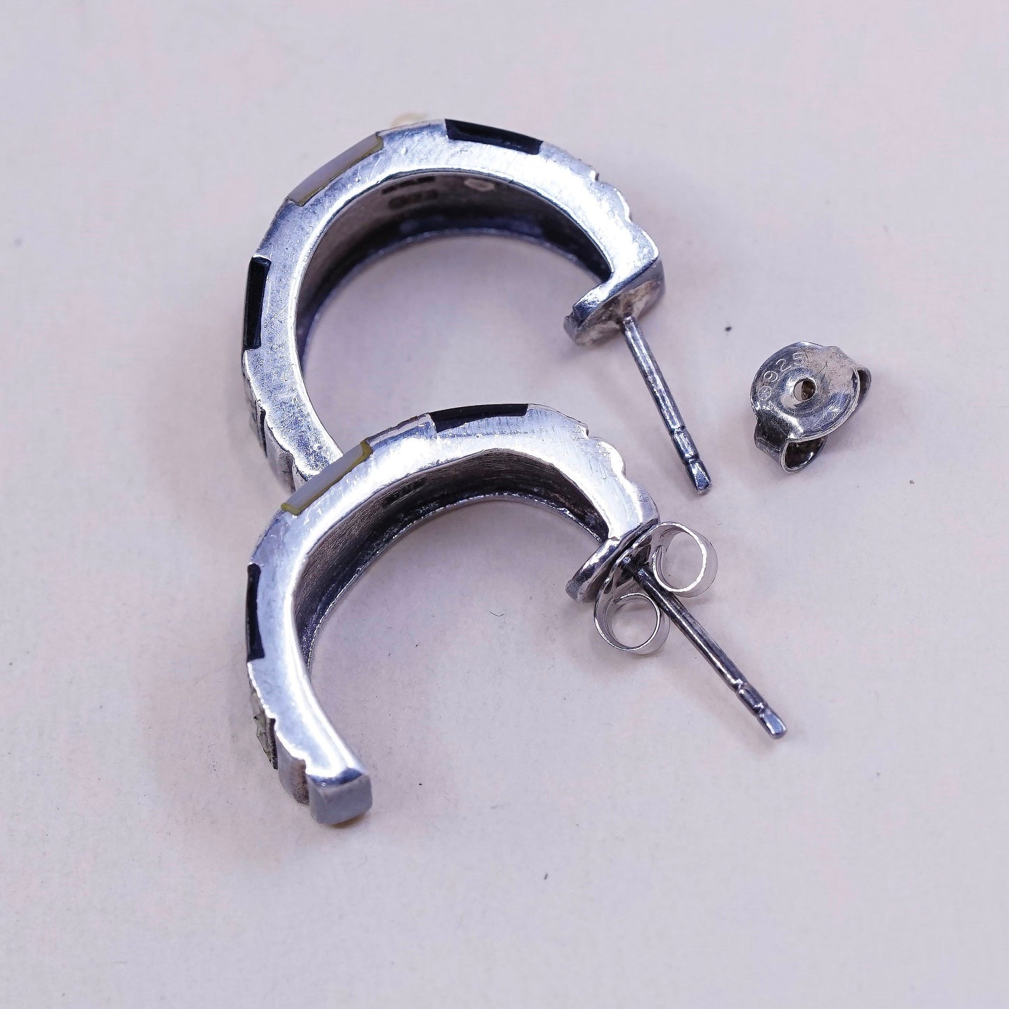 vtg handmade 925 Sterling earrings, 925 Huggie studs w/ MOP obsidian marcasite
