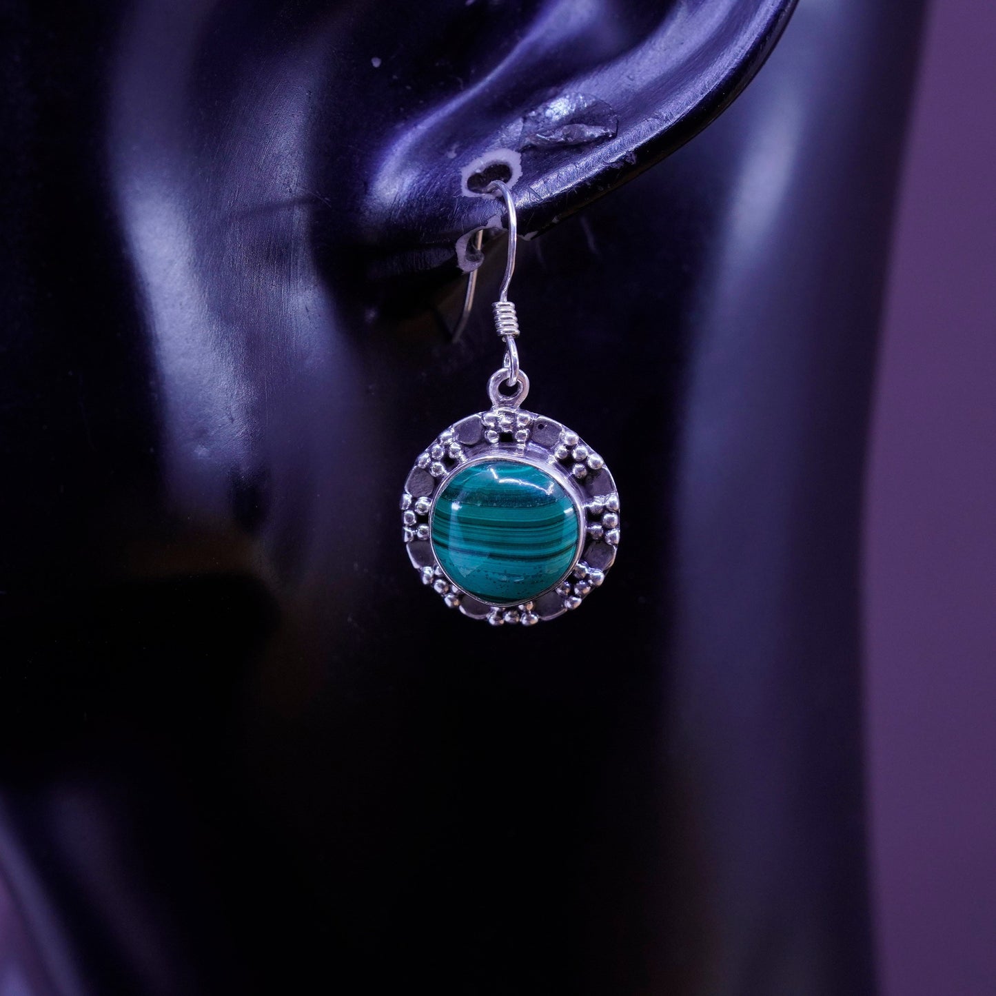 Vintage Sterling 925 silver handmade earrings with round malachite and beads