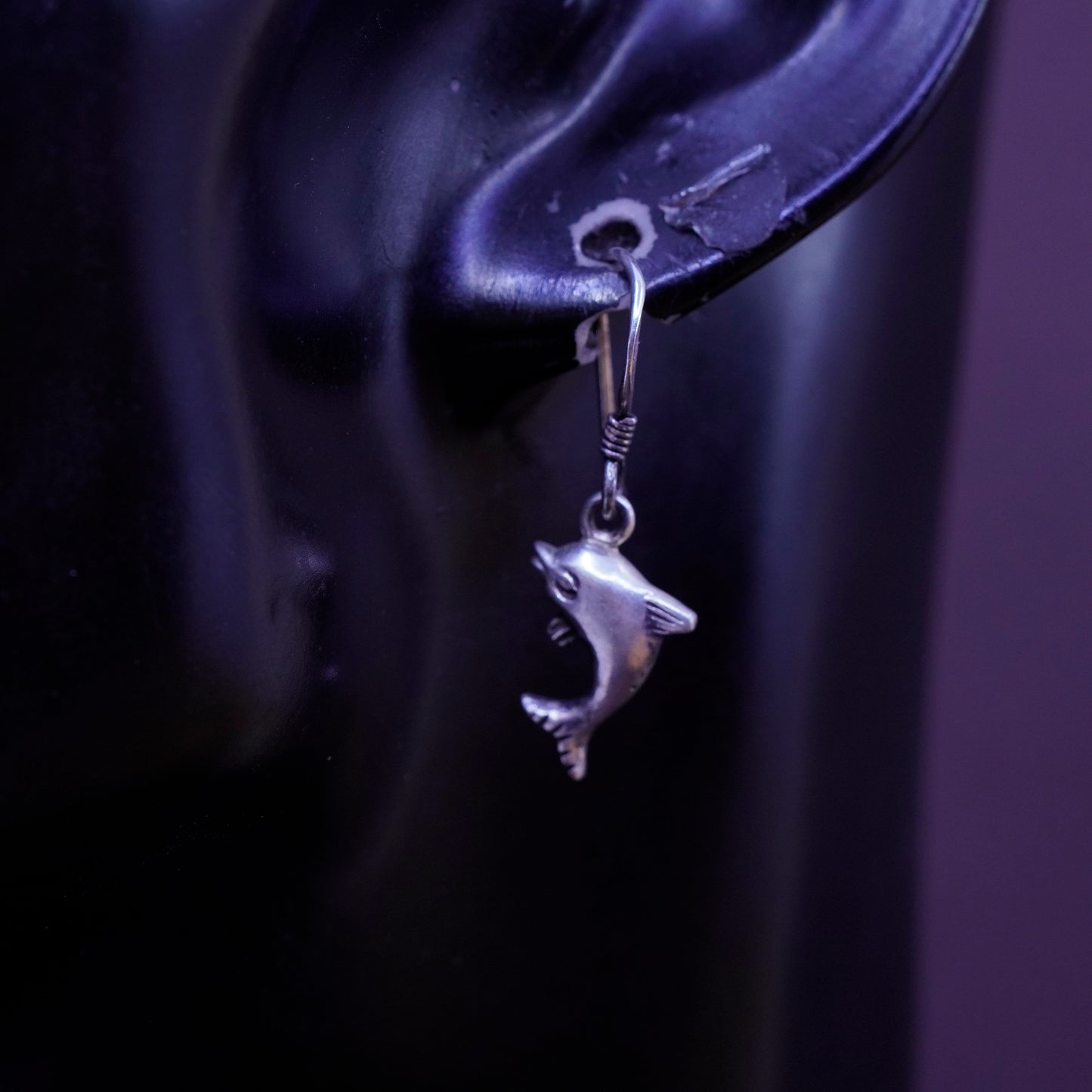 Vintage Sterling silver handmade earrings, 925 dolphin dangle