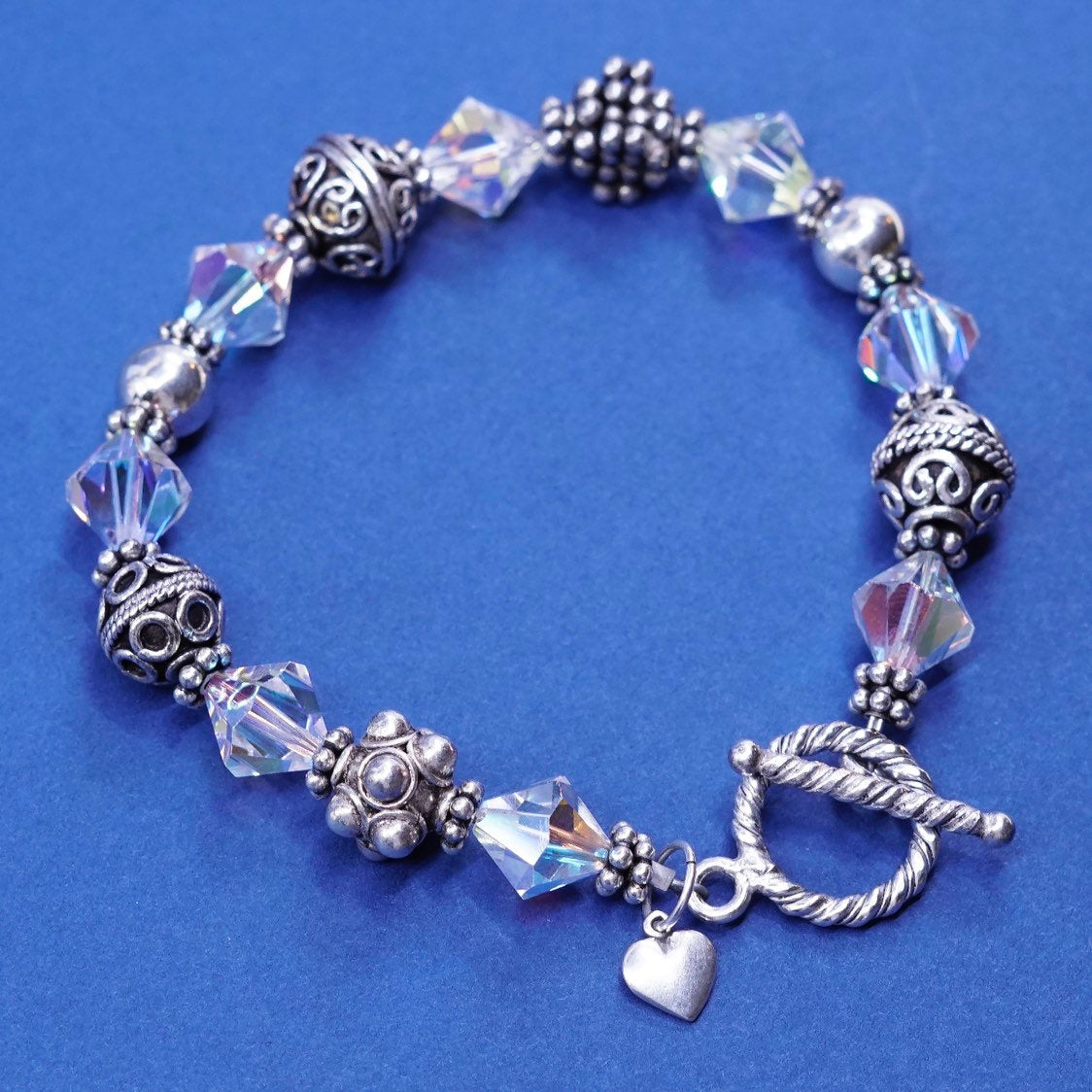 7.25”, sterling silver handmade bracelet, 925 w/ crystal beads N toggle closure