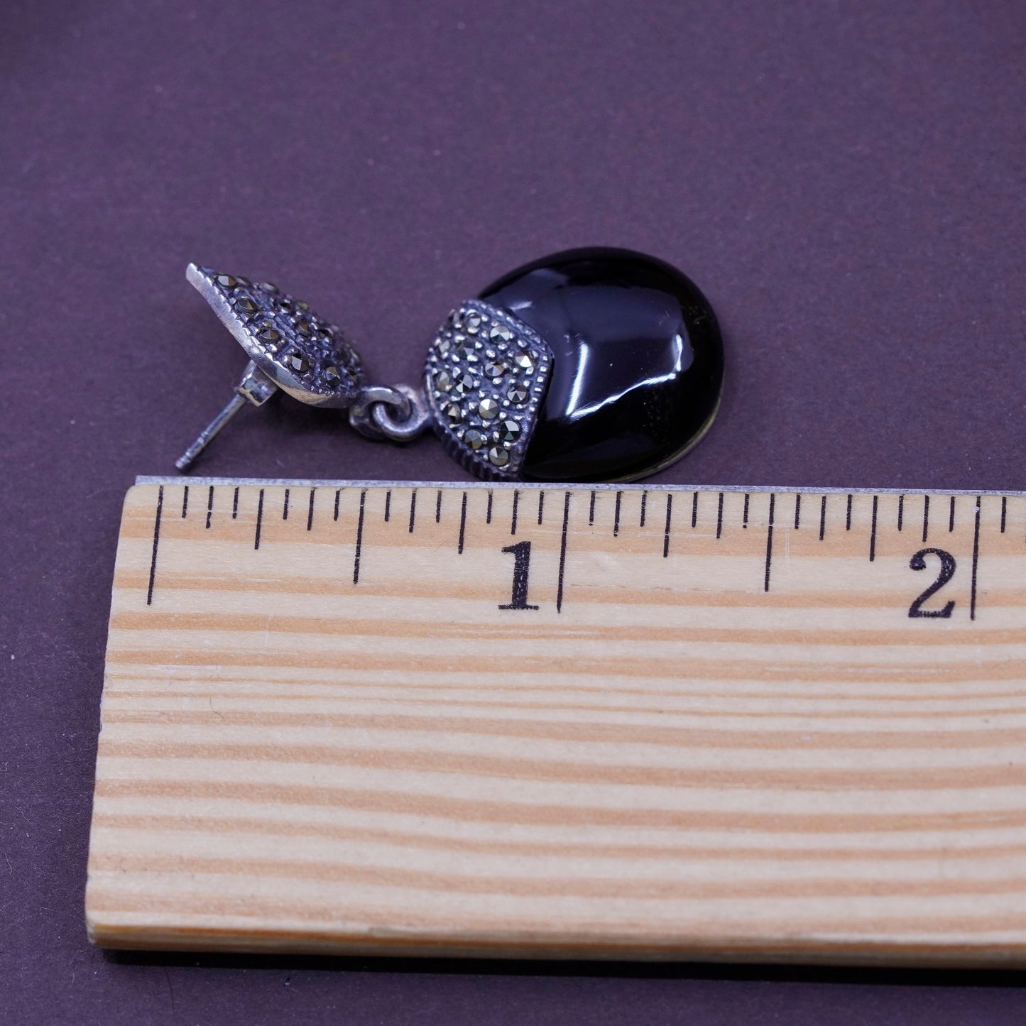 mexico Sterling 925 silver clip on earrings, obsidian dangles w/ Marcasite