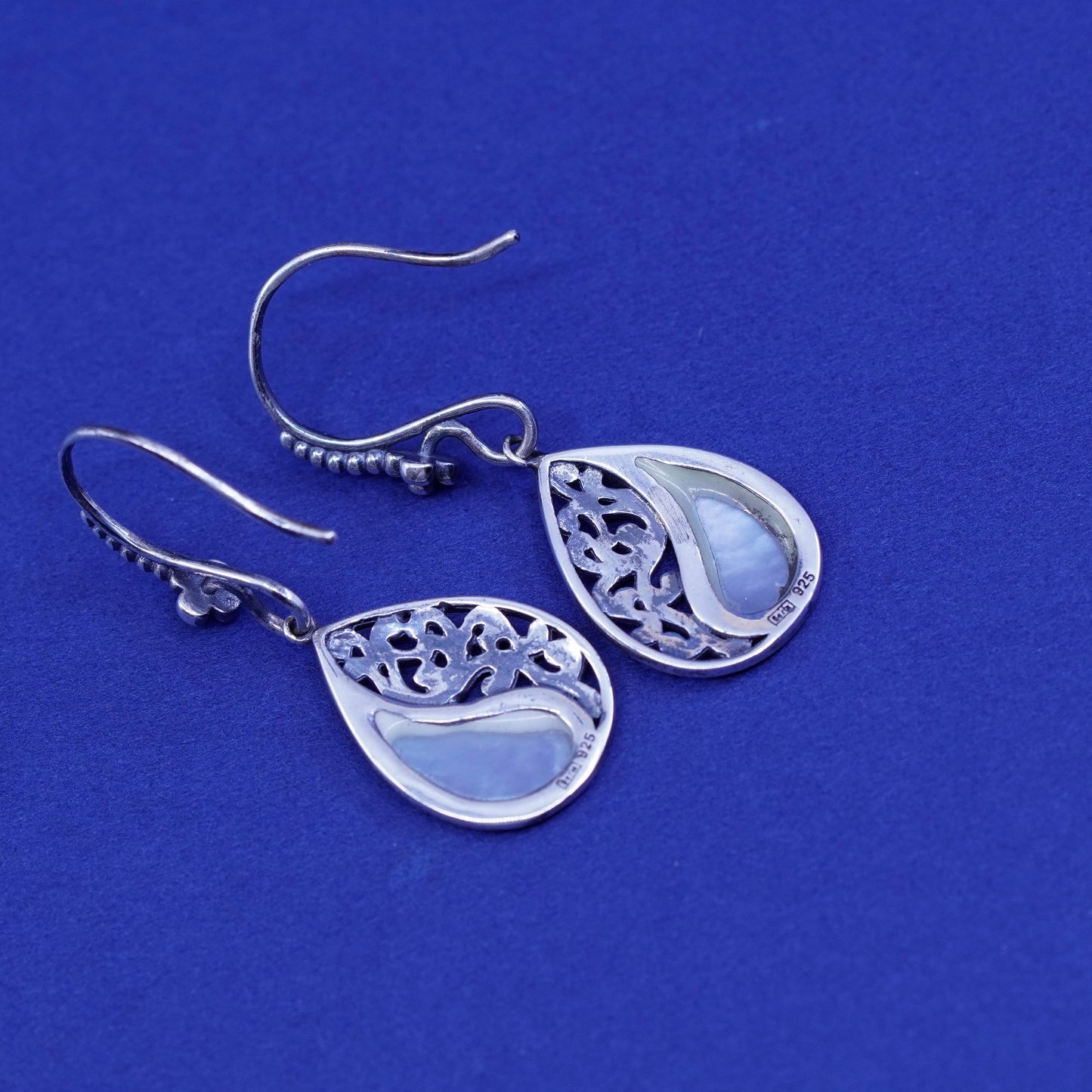 Baroni Sterling 925 silver teardrop filigree earrings w/ mother of pearl