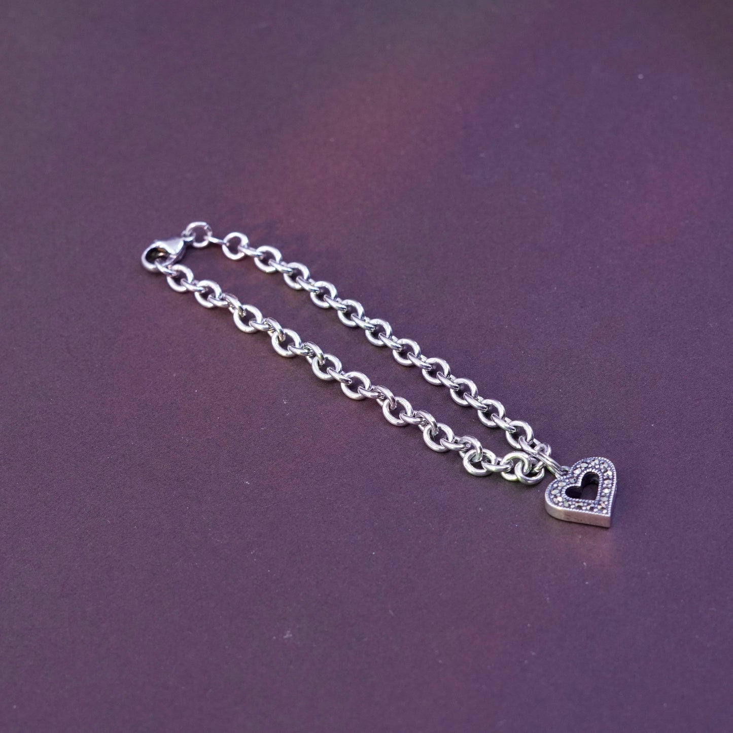 6.75” Judith Jack Sterling silver bracelet, 925 bold circle chain heart charm
