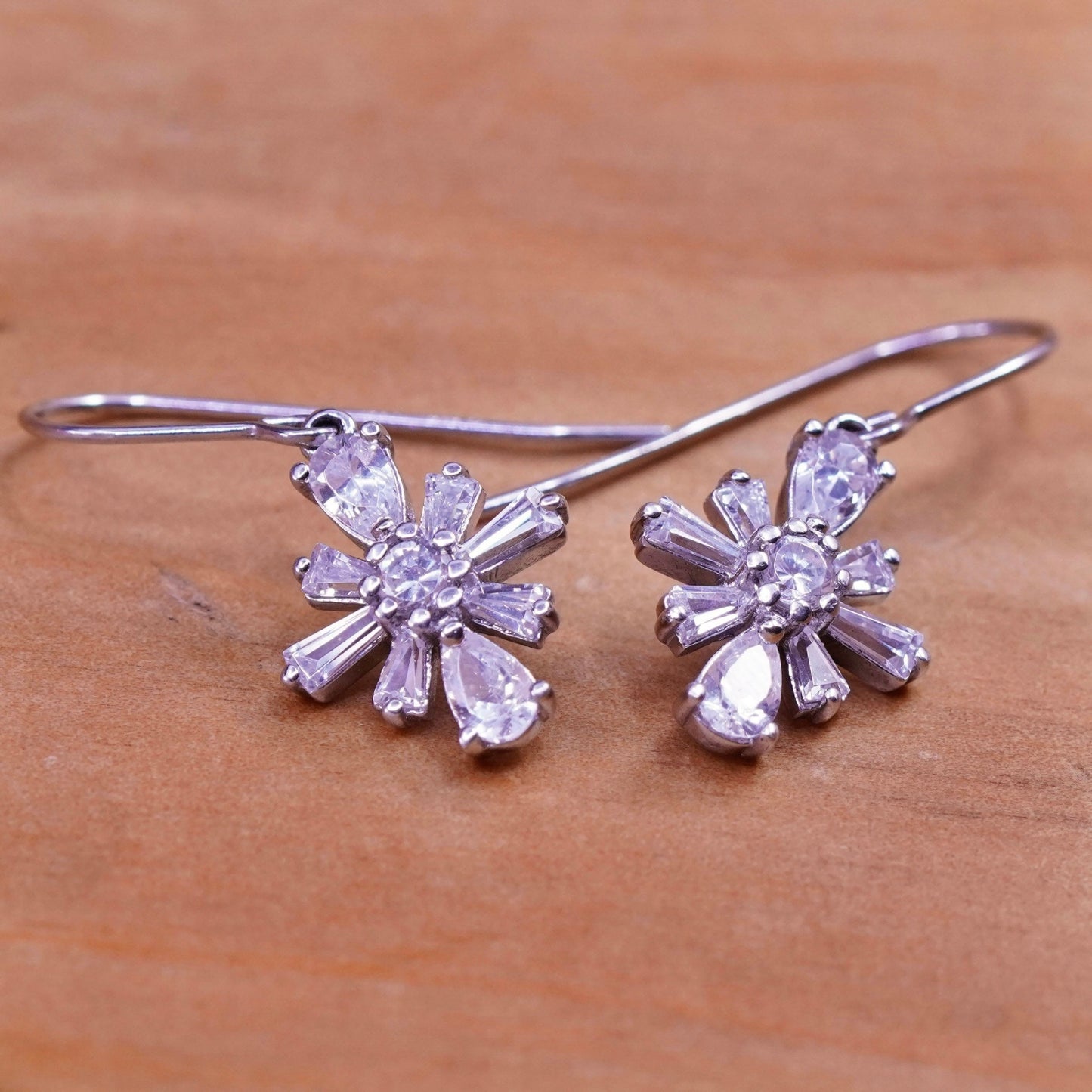 Vintage Sterling silver handmade earrings, 925 snowflake drops with cz