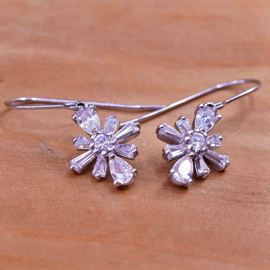 Vintage Sterling silver handmade earrings, 925 snowflake drops with cz